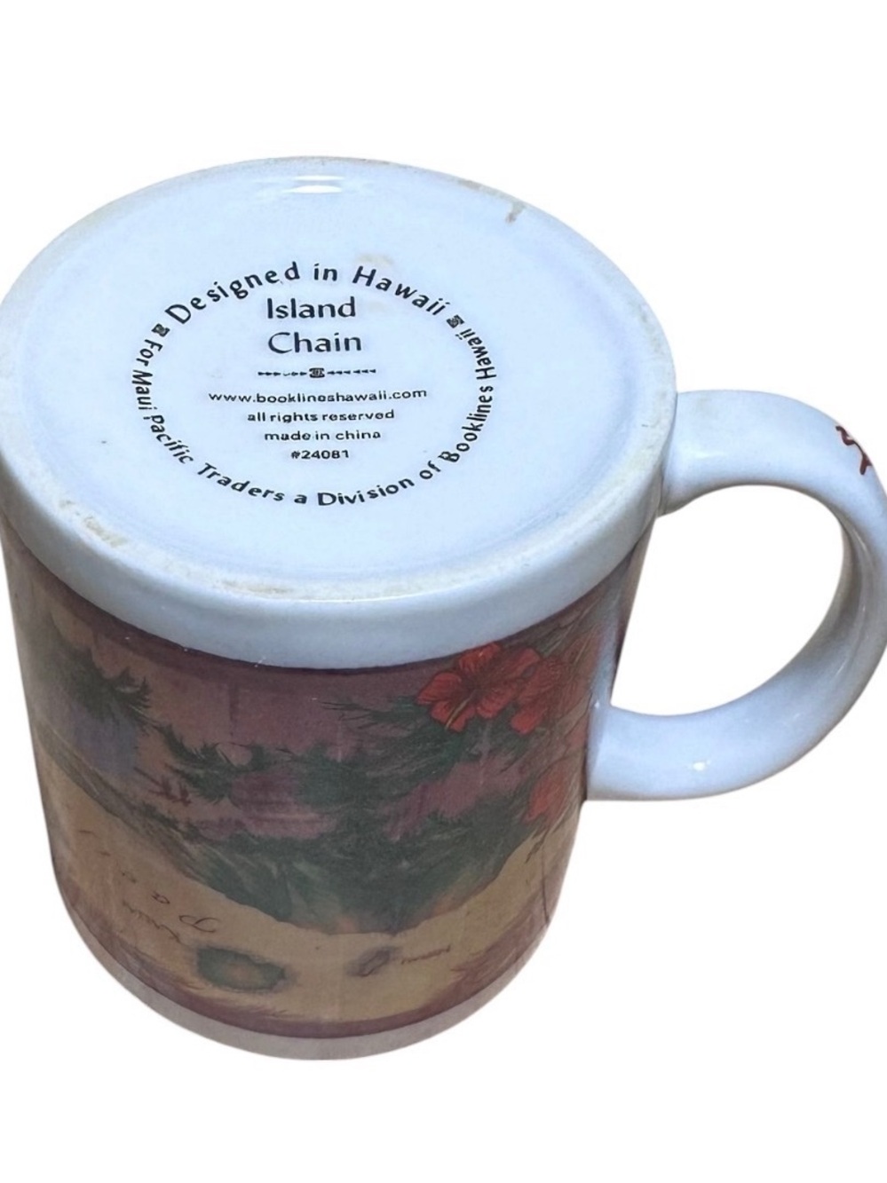 Hawaii Map Ceramic Coffee Mug - White with Beige, Green & Red Design - Picture 7 of 9
